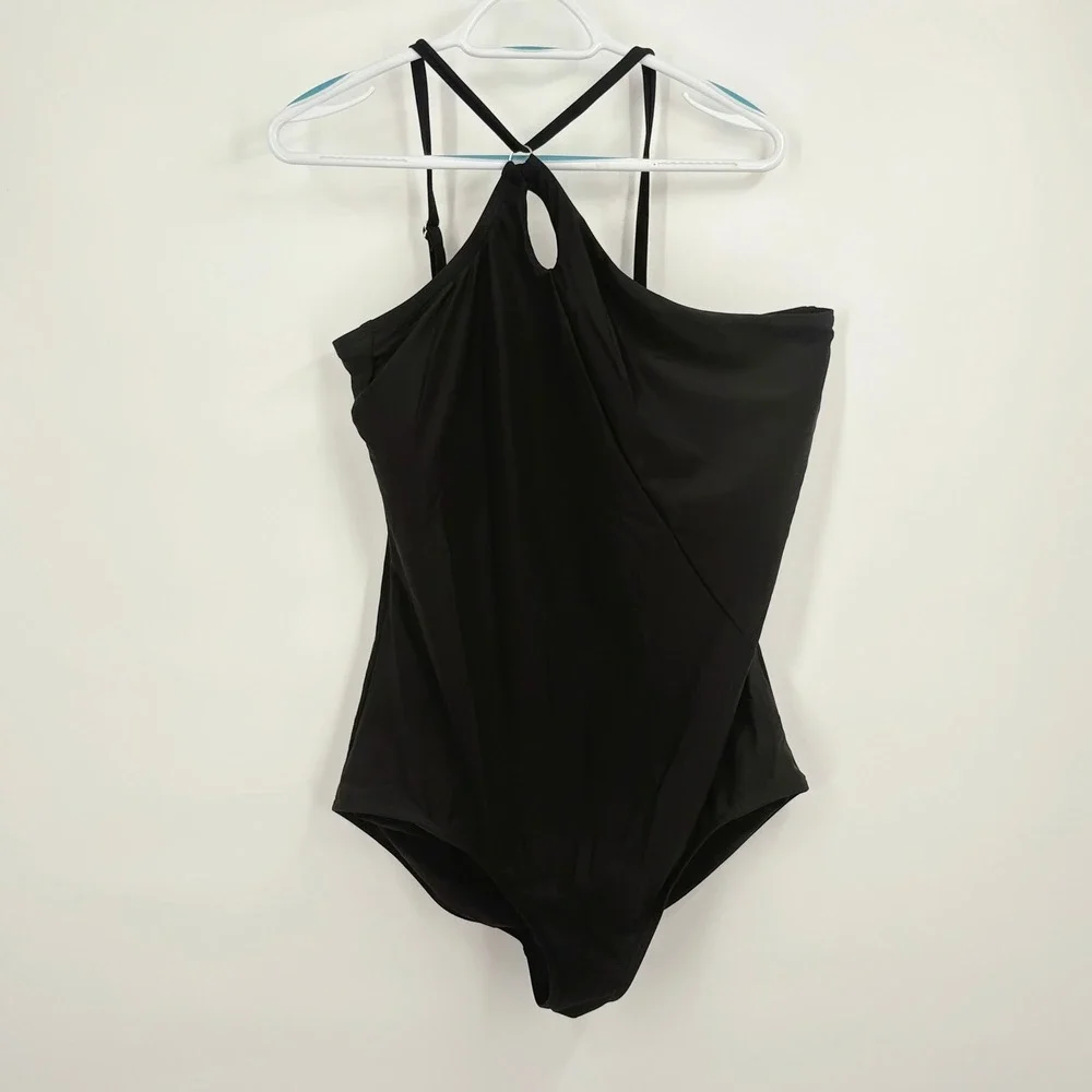 Lands End Womens Black Keyhole Halter One Piece Swimsuit Draped Front 1X 16W-18W